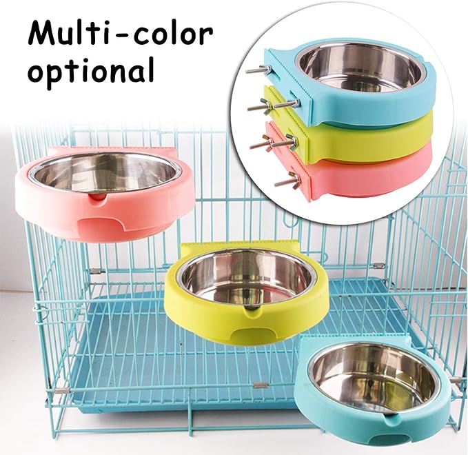 Crate Dog Bowl Removable Stainless Steel Water Food Feeder Bowls Cage Coop Cup for Cat Puppy Bird Pets (Small, Green with Corrugated Clip)