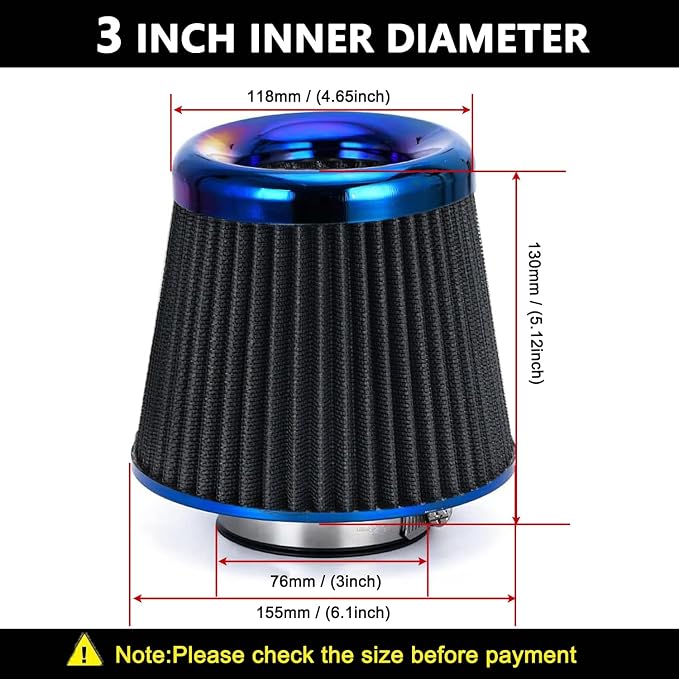 Cold Air Intake Filter, High Performance, Washable Filter, Clamp-On Replacement