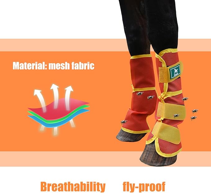 Fly Boots for Horses Set of 4 – Breathable Mesh Leg Protection for Summer with Ventilated Design & All-Day Comfort （Orange，Large