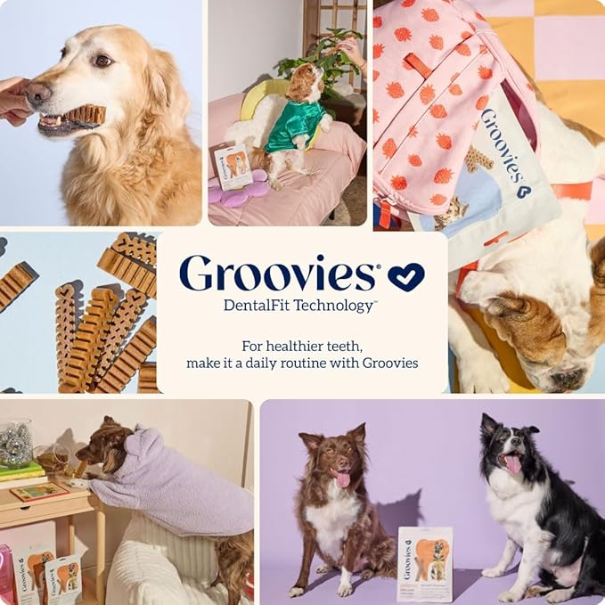 Groovies Flexible Dog Dental Chews with Patented DentalFit Technology to Help Support Tartar Control & Fresh Breath, Small Dog Chews for 5-15 lb Dogs, USA Manufactured Oral Care, 22 Chews
