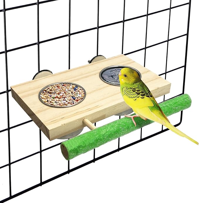 Tfwadmx Bird Feeding Dish Cups with Wooden Platform Hanging Stainless Steel Parrot Cage Feeder Bowl Wood Perch Stand for Parakeet Cockatiels Lovebirds Budgie (Medium)