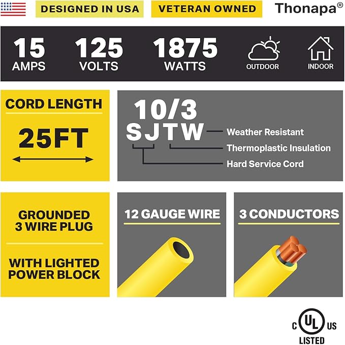 10 Gauge Extension Cord 25 Ft with 3 Outlets, 10/3 Heavy Duty Extension Cord with Multiple Outlets 3 Prong, SJTW Weatherproof Industrial Outdoor Electric Cable Yellow for Major Appliances