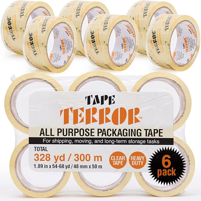All-Purpose Clear Packing Tape (6 Rolls) - Heavy Duty Tape for Packing, Moving Boxes, Storage, Labeling, Crafts, and More - Shipping, Packaging, School, & Office Supplies (48mm x 50m per Roll)