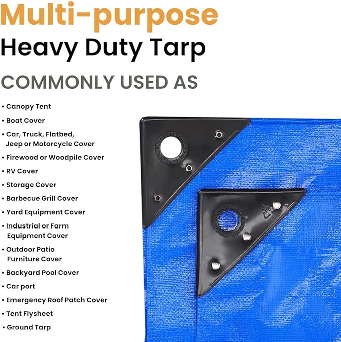 WHITEDUCK 12' x 16' Super Heavy Duty Poly Tarp Thick 16 Mil, Waterproof 100% UV Resistant Rip/Tear Proof Tarp w/Rustproof Grommets & Reinforced Edges Blue,16 mil Finished Size: 11'6"x15'6"