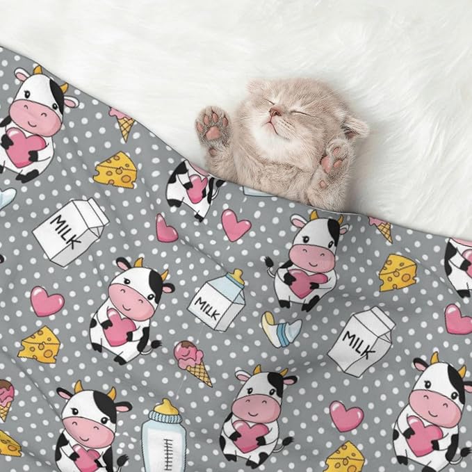 Two Sided Pet Cuddler Blanket for Anxiety Calming, Cartoon Cow Character, Reversible Plush Design with Bubble Dot Pattern Provides Familiar Surface Anywhere