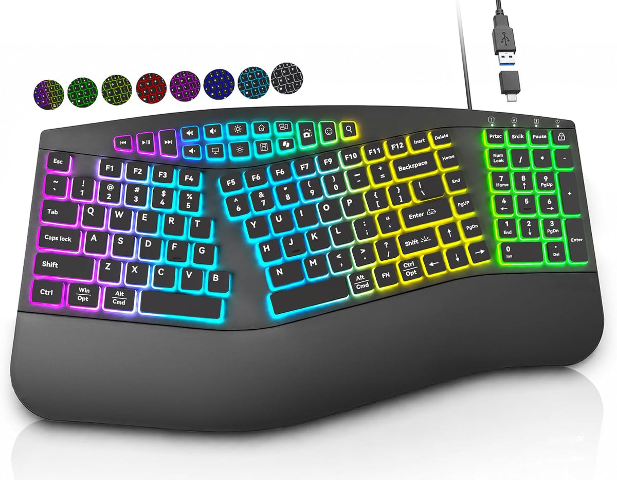 Wired Ergonomic Split Keyboard with RGB Backlight & Numpad, Black