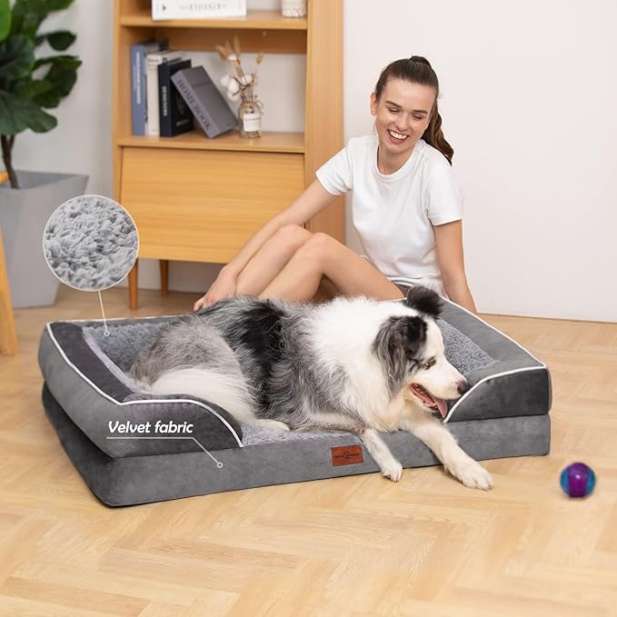 Comfort Expression Orthopedic Dog Bed for Extra Large Dogs 48x30 Inch, Waterproof Egg Crate Foam XXL Pet Bed with Removable Bolsters, Dog Couch with Washable Cover & Non-Slip Bottom, Grey