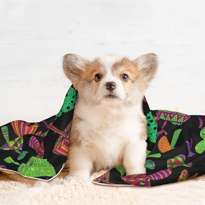 Double Sided Pet Throw for Dogs Who Shed, Trippy Mushrooms, Reversible Blanket with Nubby Dot Side Catches Loose Fur for Easier Furniture Cleanup