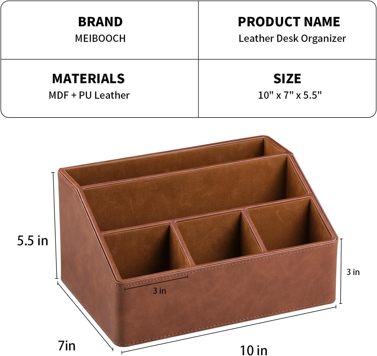 PU Leather Desk Organizer, Remote Control Holder (Brown)