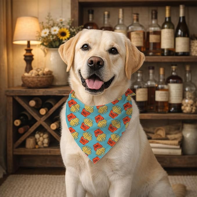 French Fries Pattern Dog Bandana, Cute Food Themed Pet Kerchief, Fries Lover Adjustable Triangle Dog Scarf, Comfortable Pet Bandana for Small Medium Dogs