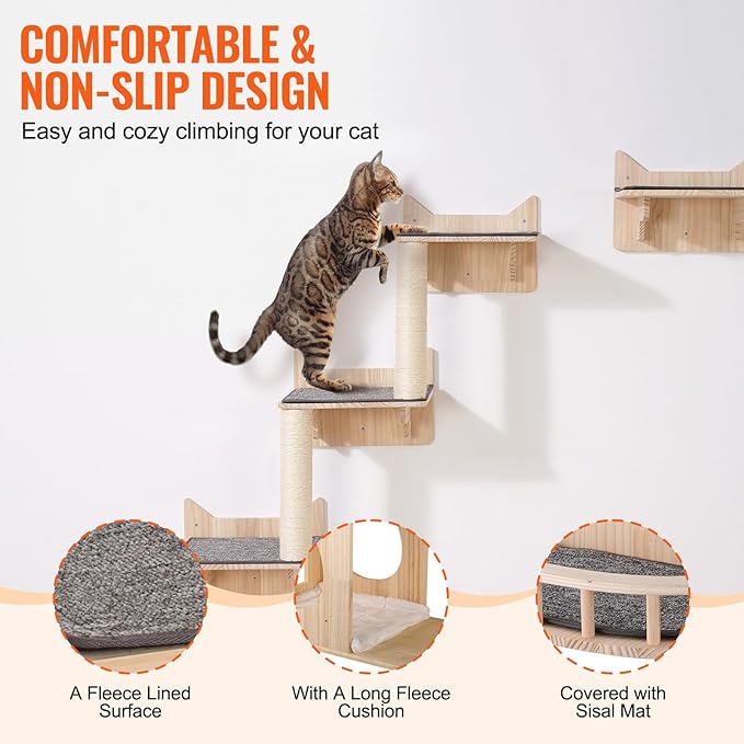 VEVOR Wall Mounted Cat Shelves and Perches with Jumping Boards, Nest, Barrier Board & Tree, Floating Furniture up to 40 lbs for Sleeping, Playing, Climbing, Set of 5