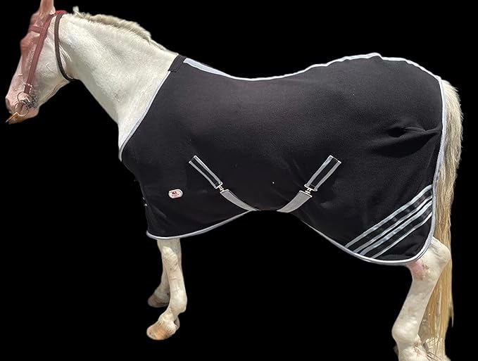 Majestic Ally Anti Pill Fleece Horse Blanket/Sheet with Silver Braided Rope (Black, 70)