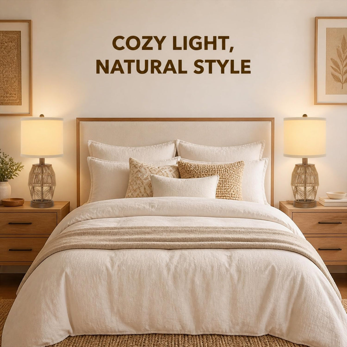 21.5 Inch Boho Table Lamps Set of 2, Rattan Wicker Bedside Lamps