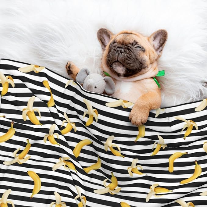 Two Sided Plush Pet Blanket for Crates Carriers Home Use, Banana and Strap, Reversible Throw with Cozy Dot Fabric and Silky Reverse for Small Large Pets