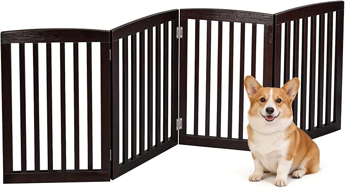 ZENY Freestanding Pet Gate for Dogs - 4 Panels Indoor Foldable Dog Fence for Stairs, Hallways, or Doorways - 82x24-Inch Freestanding Dog Gates, Brown