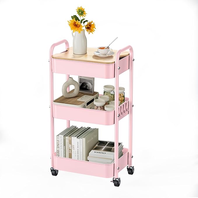 3 Tier Rolling Cart with Table top, Metal Rolling Utility Cart, Sturdy Storage Organizer Cart with Locking Wheels & Hooks for Office, Classroom, Kitchen and Bathroom，Pink