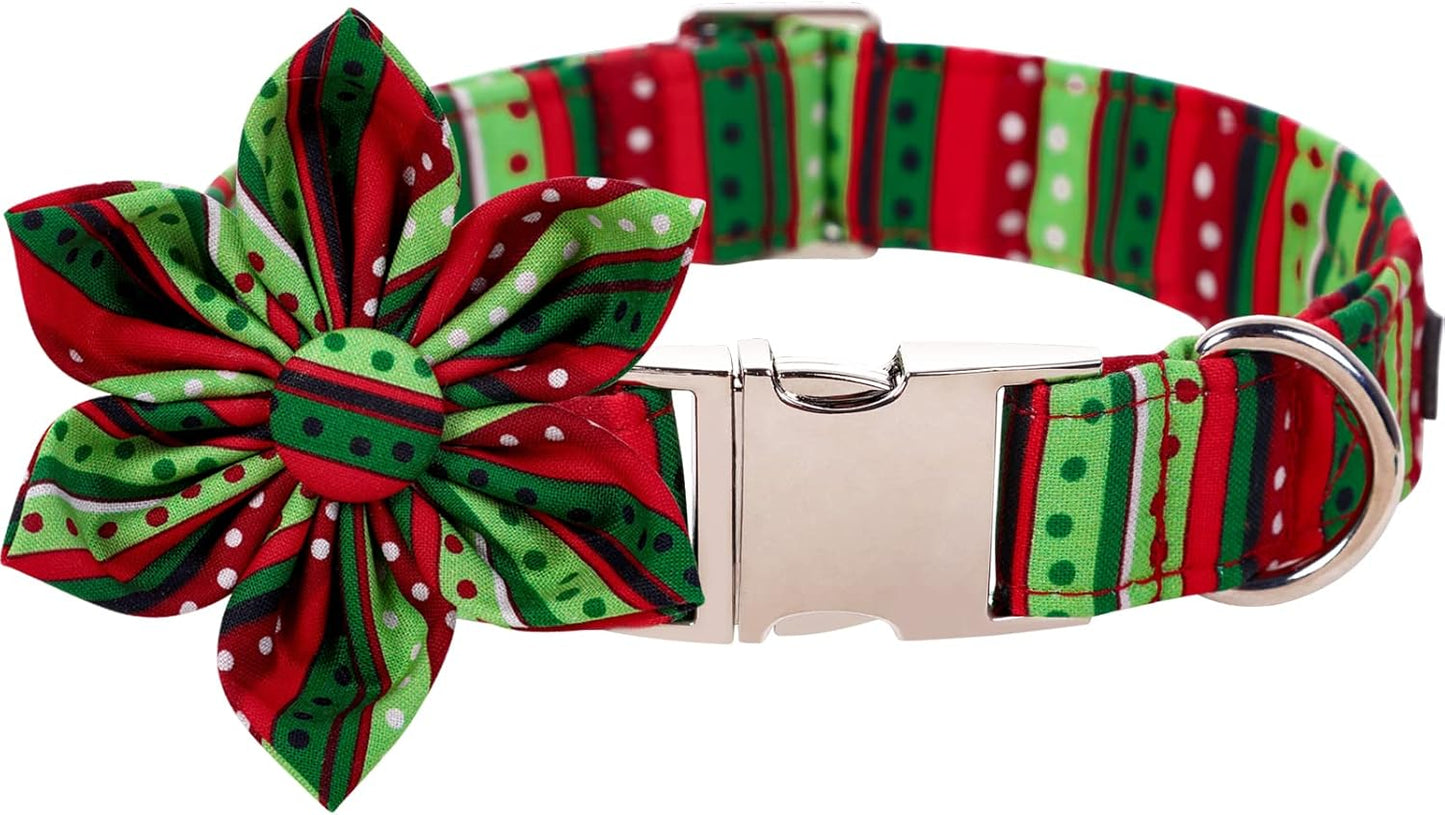 Lionet Paws Christmas Dog Collar with Flower, Dog Flower Collar with Metal Buckle for Dogs, Adjustable Comfortable Dog Collar Girl Gift, XL, Neck 16-26 in