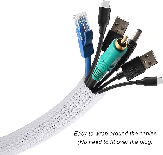 CrocSee 10ft - 1 inch Braided Cable Management Sleeve Cord Protector - Self-Wrapping Split Wire Loom for TV/Computer/Home Theater/Engine Bay - White