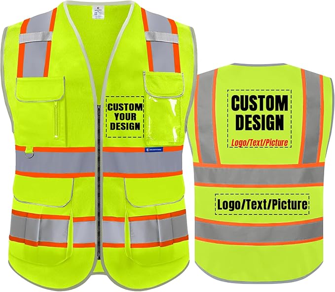 BeautyWill Custom Logo Safety Vest 8 Pockets Class2 ANSI Certified High Visibility Reflective Vest for Men - Personalized Logo Heavy-Duty Work Vest（Yellow，XL）