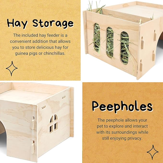Guinea Pig Hideout with Hay Feeder & Absorbent Mat, Wooden Chinchilla House with Multiple Window, Small Animal Hut Castle for Dwarf Rabbit