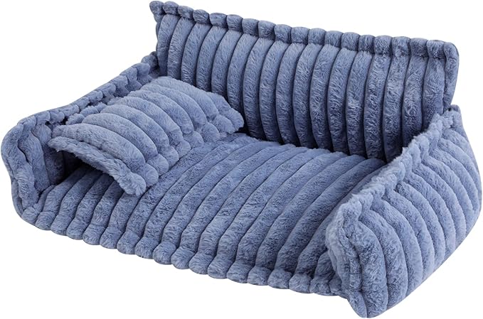 Blue Plush Pet Sofa Bed for Small Dogs & Cats, Removable Washable Fluffy Couch with Pillow, Non-Slip Soft Cat Dog Bed Large Size, Modern Pet Furniture(Blue)