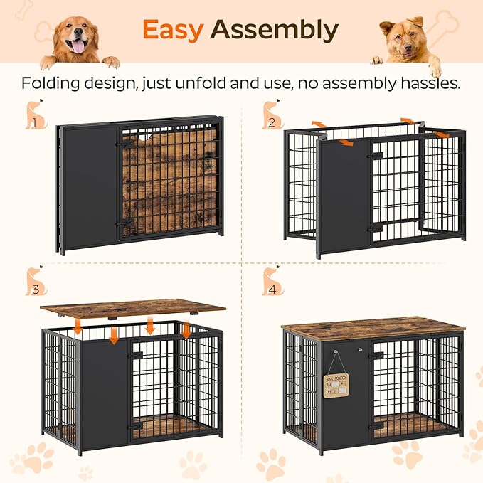Foldable Dog Crate Furniture, Dog Crate with DIY Frame, Heavy Duty Dog Kennel Indoor with Hooks, Wooden Dog Cage End Table, for Small/Medium Dogs, Rustic Brown and Black DC95BR