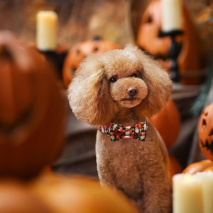 Fall Dog Collar, Leaf Pumpkin Print Adjustable Pet Collar Cute Cotton Soft Collars with Bow Tie Metal Buckle Holiday Puppy Collars Boy&Girl Gift for Large Dogs