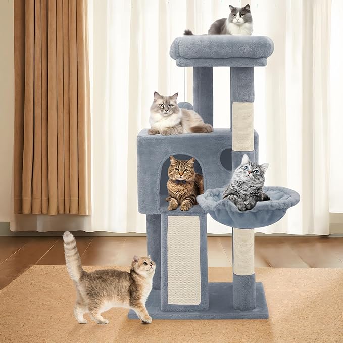 Athena Collection Cat Tree, 36" Tall Cat Tree Tower for Indoor Cats, Multi-Level Cat Tower House Activity Center Climbing Tower with Cat Condo & Hammock & Scratching Post & Dangling Ball, LightGray