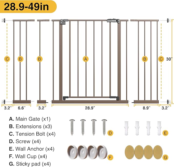 InnoTruth 28.9-49" Baby Gate for Doorways, 30" Tall Extra Wide Doggy Gates for Stairs One-Hand Opening, Easy Walk Thru Dual Lock Dog Gates for The House, Kitchen, Balcony, Easy Install Kid Gate,Brown