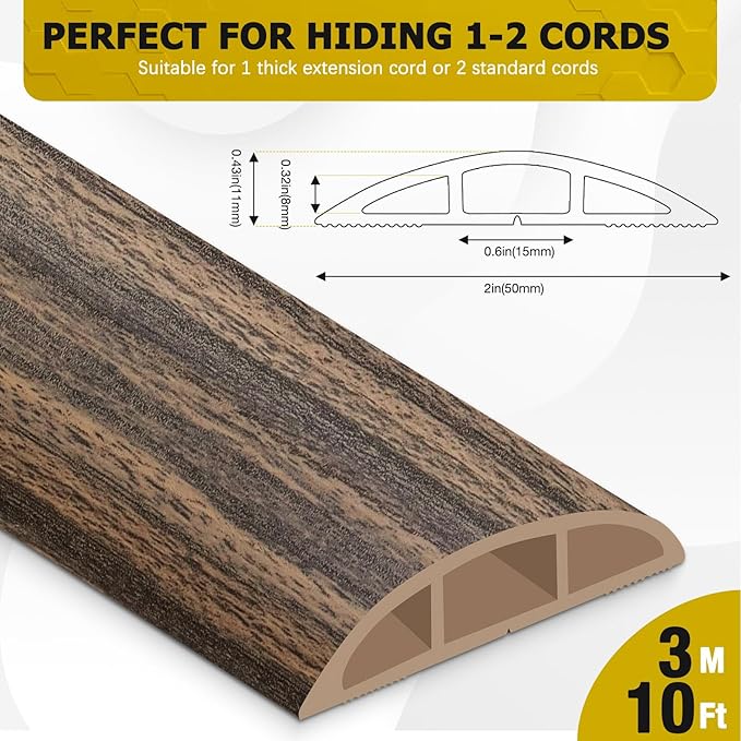 Floor Cord Cover 10FT Cord Covers for Wires on Floor Protect Wires & Prevent Trip Hazards, Easy to Cut for Home, Office, School, Concerts, Cavity W0.6in x H0.32in