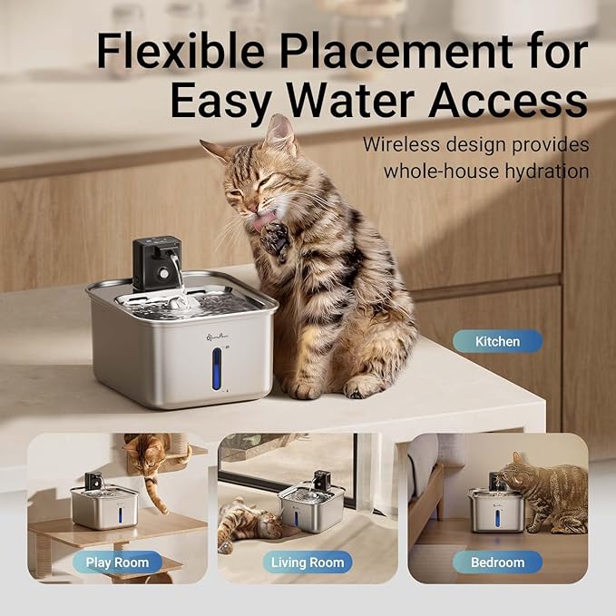 DownyPaws Cat Water Fountain Stainless Steel Wireless, 101 oz/3L FurSink Cordless Water Fountain for Cats, Battery Operated Cat Fountains for Drinking with Motion Sensor, Easy Clean, Metal & 6 Filters