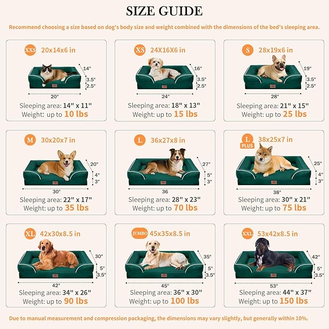 Comfort Expression Orthopedic Dog Bed for Large Dogs 38x25 Inch, Waterproof Supportive Egg Crate Foam Large Pet Bed with Removable Bolsters, Dog Couch with Washable Cover & Non-Slip Bottom, Emerald