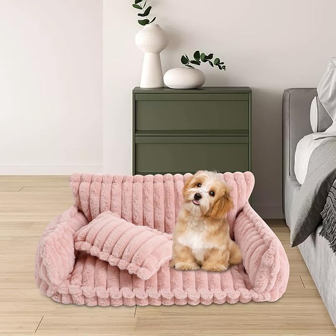 Fluffy Pet Couch Bed with Removable Washable Cover, Soft Rabbit Plush Dog Cat Bed for Small Medium Pets, L Size Pink Couch with Non-Slip Bottom and Pillow (Pink)