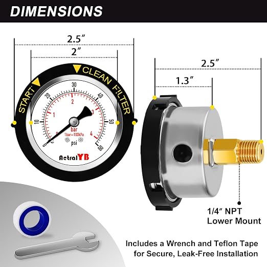 60PSI Pool Filter Pressure Gauge, 2 inches Dial, 1/4" NPT Back Mount,