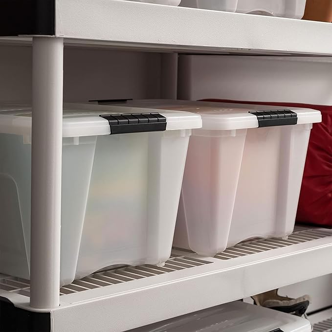 IRIS USA 32 Qt Stackable Plastic Storage Bins with Lids, 4 Pack - BPA-Free, Made in USA - Discreet Organizing Solution, Latches, Durable Nestable Containers, Secure Pull Handle - Pearl