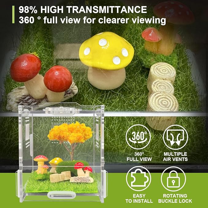 Jumping Spider Enclosure, 4" X 4" X 4" Acrylic Spider Habitat, Front Opening Small Reptile Terrarium with Matrix Ventilation Holes & Feeding Holes, for Jumping Spider Snail Insect