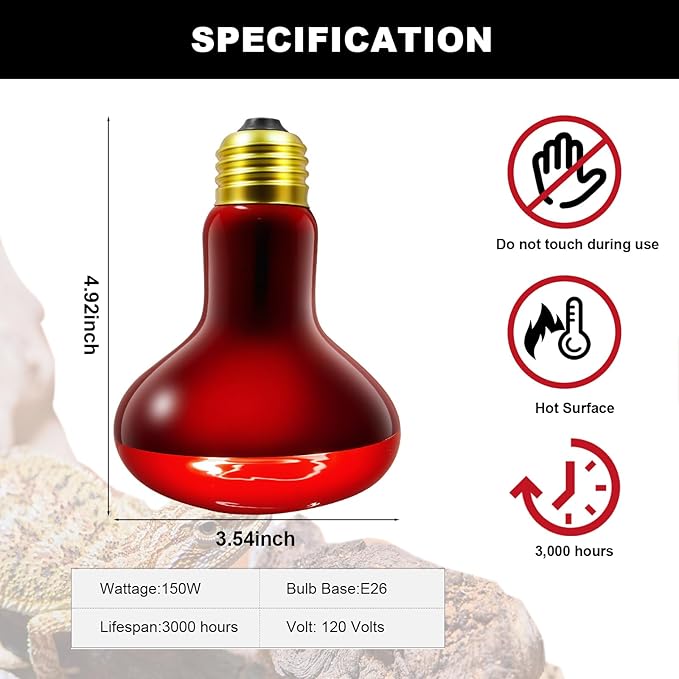 2Pack Infrared Heat Lamp, 150W Reptile Heat Emitter Infrared Basking Spot Light, Red Heat Lamp for Chickens Coop Reptile Pets Brooder Use