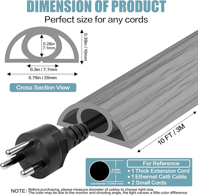 Floor Cord Cover Self Adhesive Cord Hider,10FT Cable Management, Extension Strip Protector for Wires, Prevent Cable Trips for Offices, Gyms, Exhibitions Cavity:0.3"(W) x 0.28"(H) Gray Wood