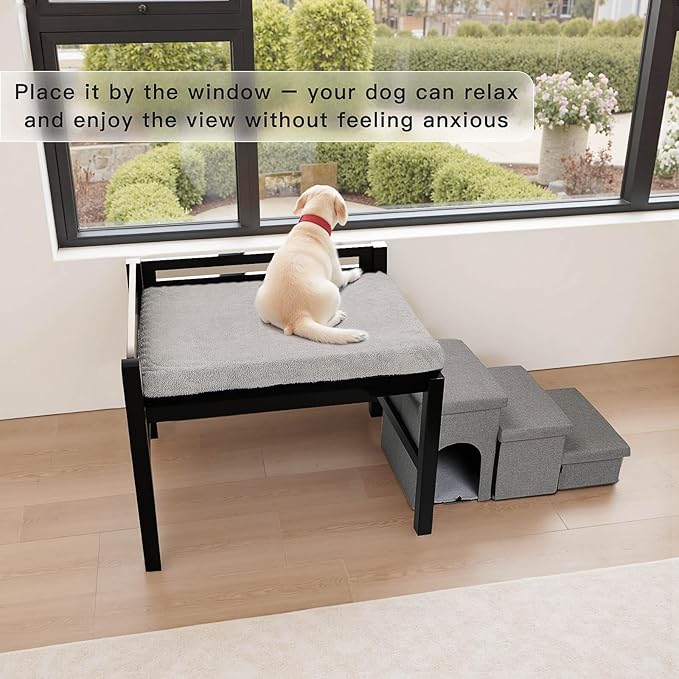 Bedside Dog Bed with Mattress - Raised Wooden Pet Cosleeper with Guardrail, Removable Mattress & 3-Step Foldable Stairs, Freestanding Bassinet-Style Elevated Dog Bed for Medium Sized Dogs