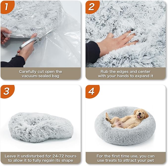 Calming Dog Bed, 24" x 24" x 6" Fits Cat & Dog, Anti-Slip Round Washable Faux Fur for Doze Off, Napping Orthopedic, Grey
