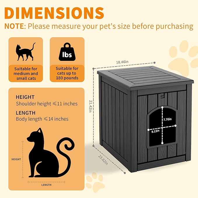 DRATO Outdoor Cat House -Weatherproof Resin Cat Houses for Outdoor Cats, Durable, Easy Assembly,cat igloo outdoor，Durable & Insulated Shelter for Garden, Patio, or Backyard（Black，18.46*23.62*21.42）
