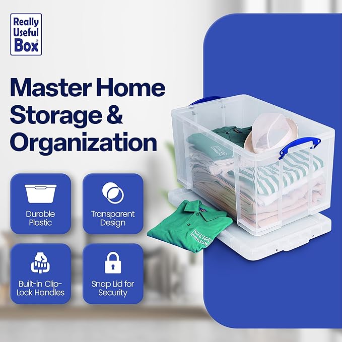 Really Useful Box 84 Liters Storage Container with Snap Lid and Clip Lock Handle for Lidded Home and Item Storage Bins, 6 Pack, Clear