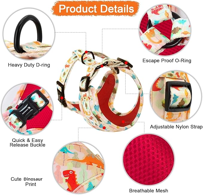 Adjustable Dog Harness and Leash Set for Girl Air Mesh Dog Vest Harness 5Ft Pet Training Leash with Soft Handle Pet Escape Proof for Small Medium Large Dogs (Dinosaur, XS)