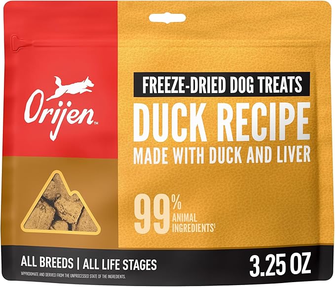 ORIJEN Grain Free High Protein Freeze Dried Dog Treats Free Run Duck Recipe 3.25oz Bag