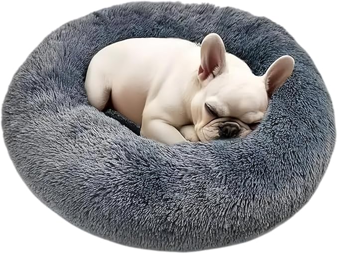 SALAN Dog & Cat Bed for Indoor Cats, 16in Calming Donut Bed for Puppy and Kitten, Washable Round Fluffy Pet Bed for Small Medium Dogs and Cats.(Gray)