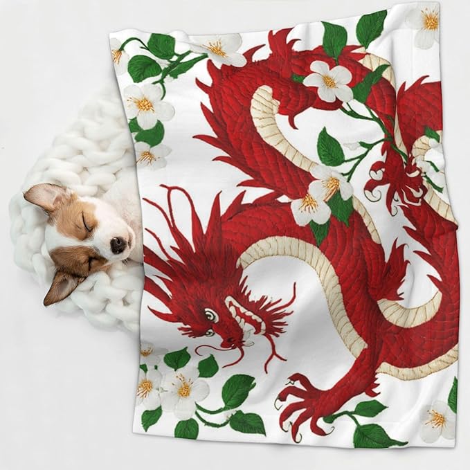 Reversible Dog Blanket for Beds Couches, Floral Chinese Japanese Dragon Flower, Double Sided Cat Blanket with Textured Dot Feel and Smooth Feel for Seasonal Comfort All Year