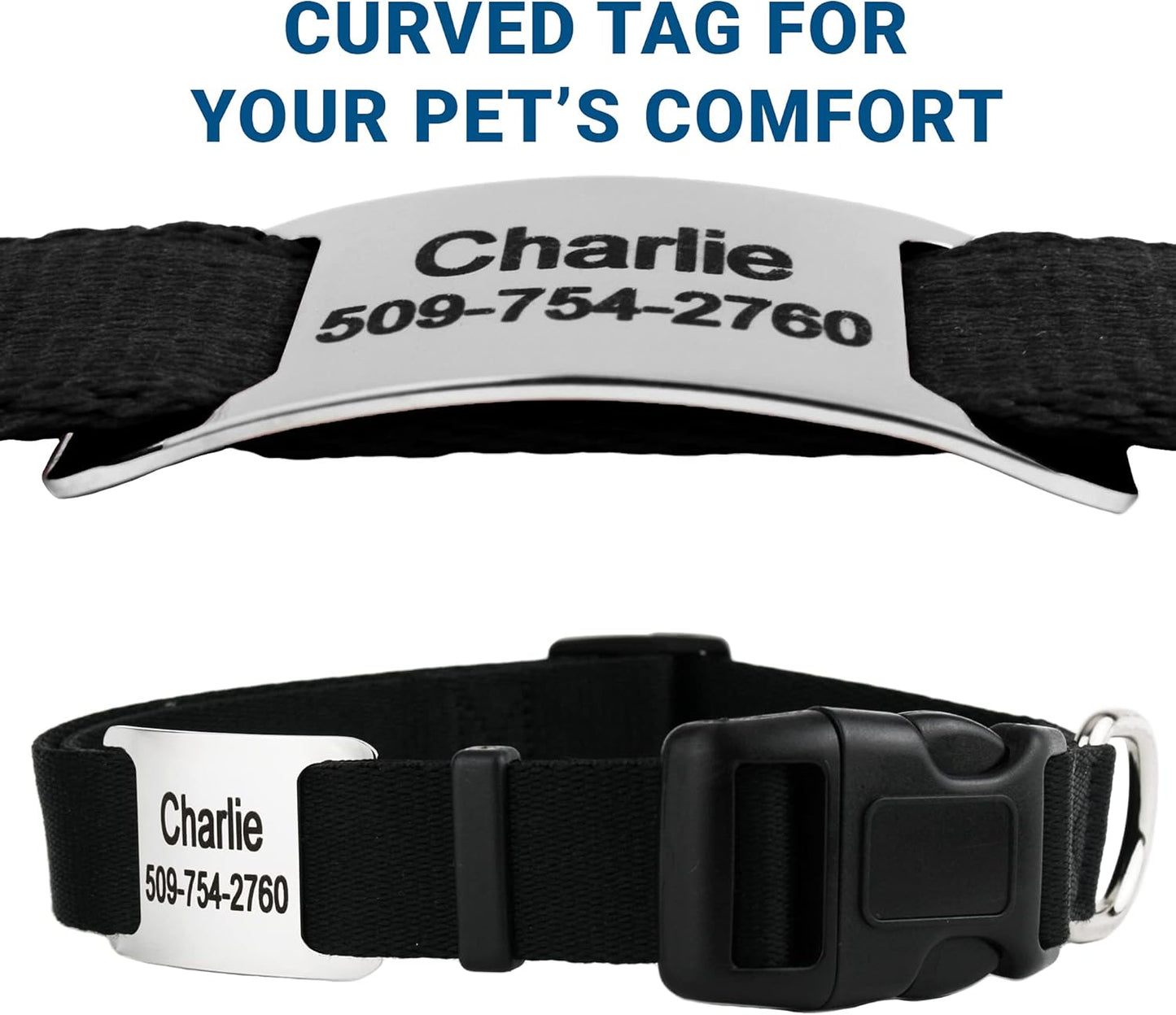 GoTags Personalized Dog Collar with Nameplate, Adjustable Dog Collar with Custom Engraved Slide On Pet ID Tag in Stainless Steel, Silent, No Noise Dog Tag for Large Medium and Small (Black, Medium)