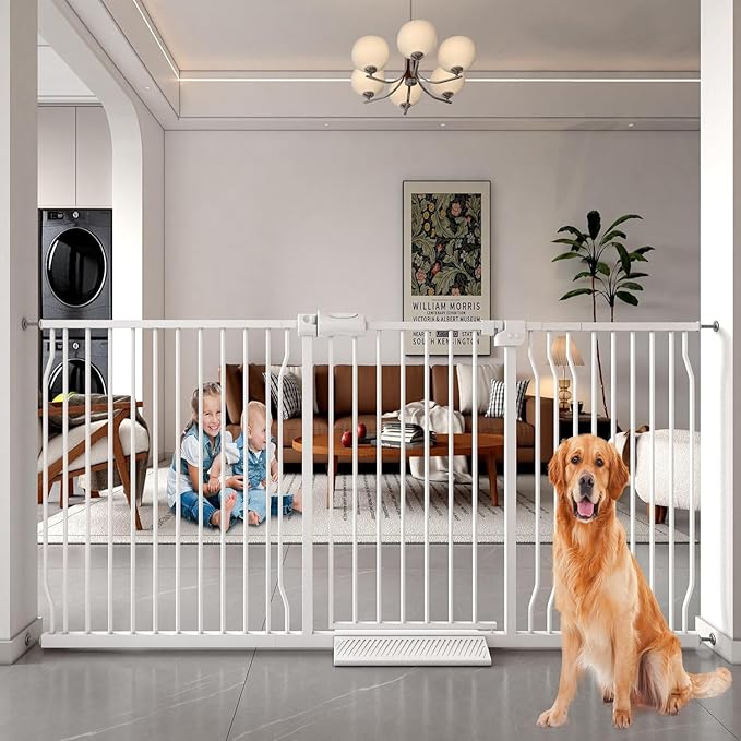 Extra Wide Baby Gates Large Long Dog Gates for Doorways Stairs Pressure Mounted Dog Pet Gate Walk Through Metal Child Indoor Safety Gates (White, 76.38"-81.10"/194-206CM)