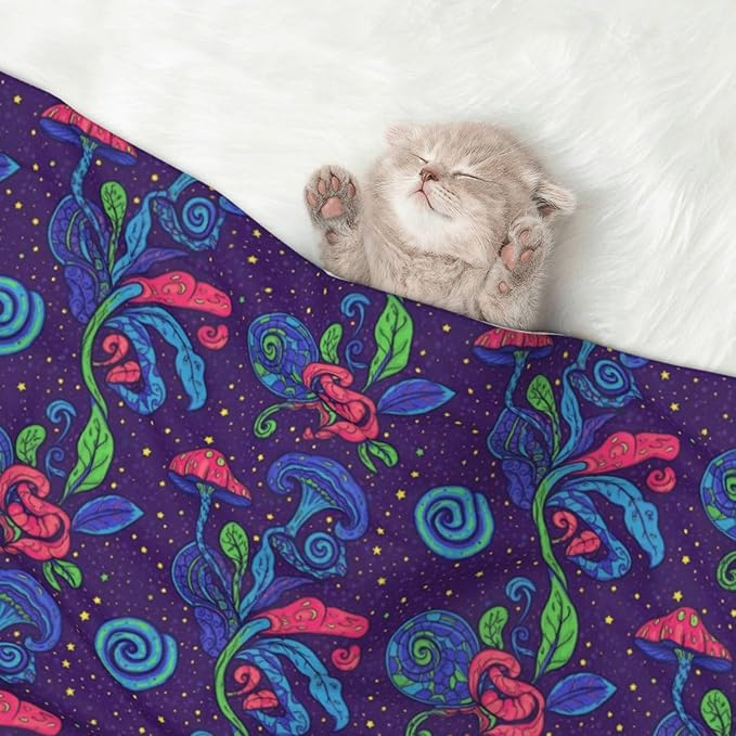Reversible Dog Blanket for Beds Couches, Colorful Doodle Surreal Landscape Fantastic Mushroom, Double Sided Cat Blanket with Textured Dot Feel and Smooth Feel for Seasonal Comfort All Year