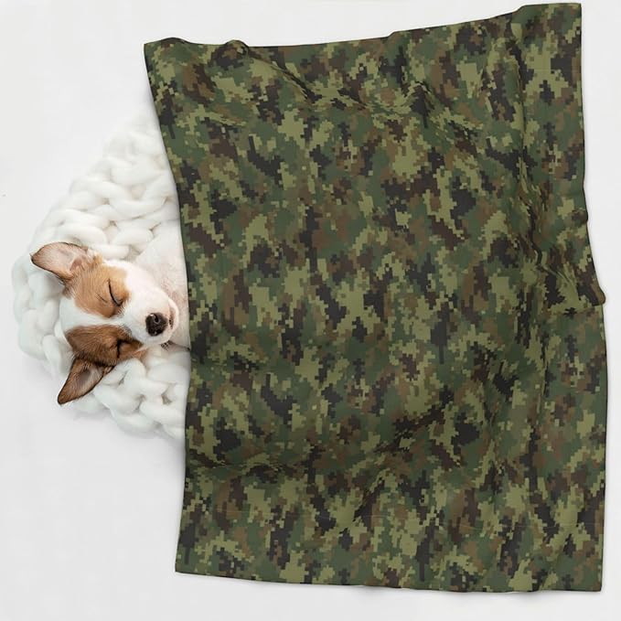 Dog and Cat Blanket in One, Camo Camouflage Hunting Green, Double Sided Plush Throw with Raised Dot Pattern on One Side and Flat Velvet on Other for Variety